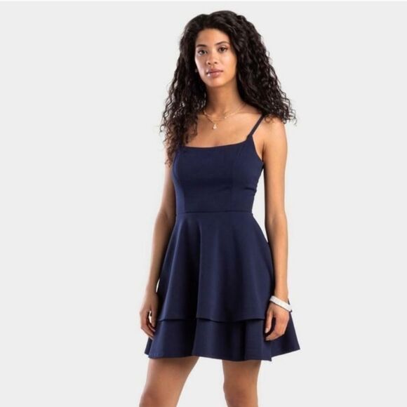 Altar'd State Hampton Skater Dress Navy Open Lace Back Two Tiered Skirt Small - Picture 1 of 13